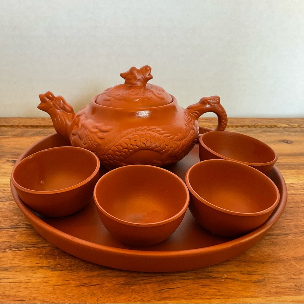 Yixing Style Dragon Clay Teapot Set w/ Cups & Tray | Chinese Clay Tea Set
